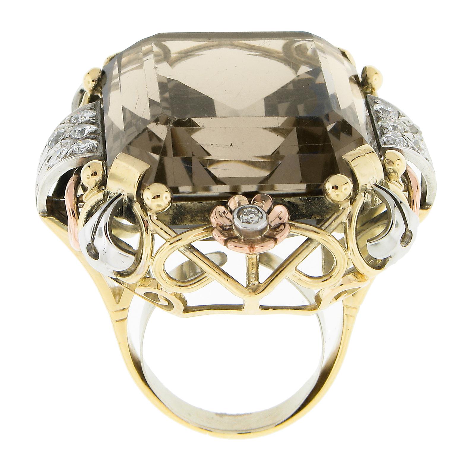 Vintage Retro 18k Tri Gold Rauchquarz & 0,60ct Diamant Großer Cocktail-Ring, Retro im Angebot 2