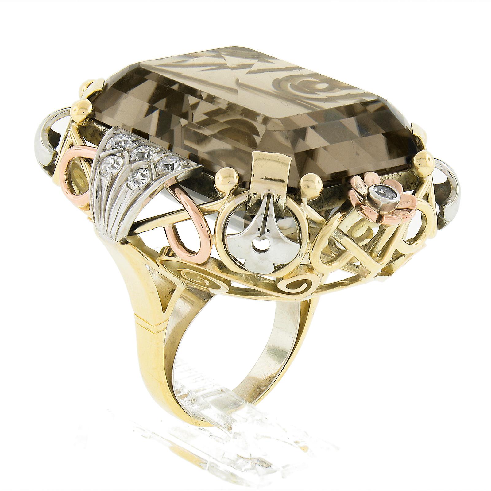 Vintage Retro 18k Tri Gold Rauchquarz & 0,60ct Diamant Großer Cocktail-Ring, Retro im Angebot 3