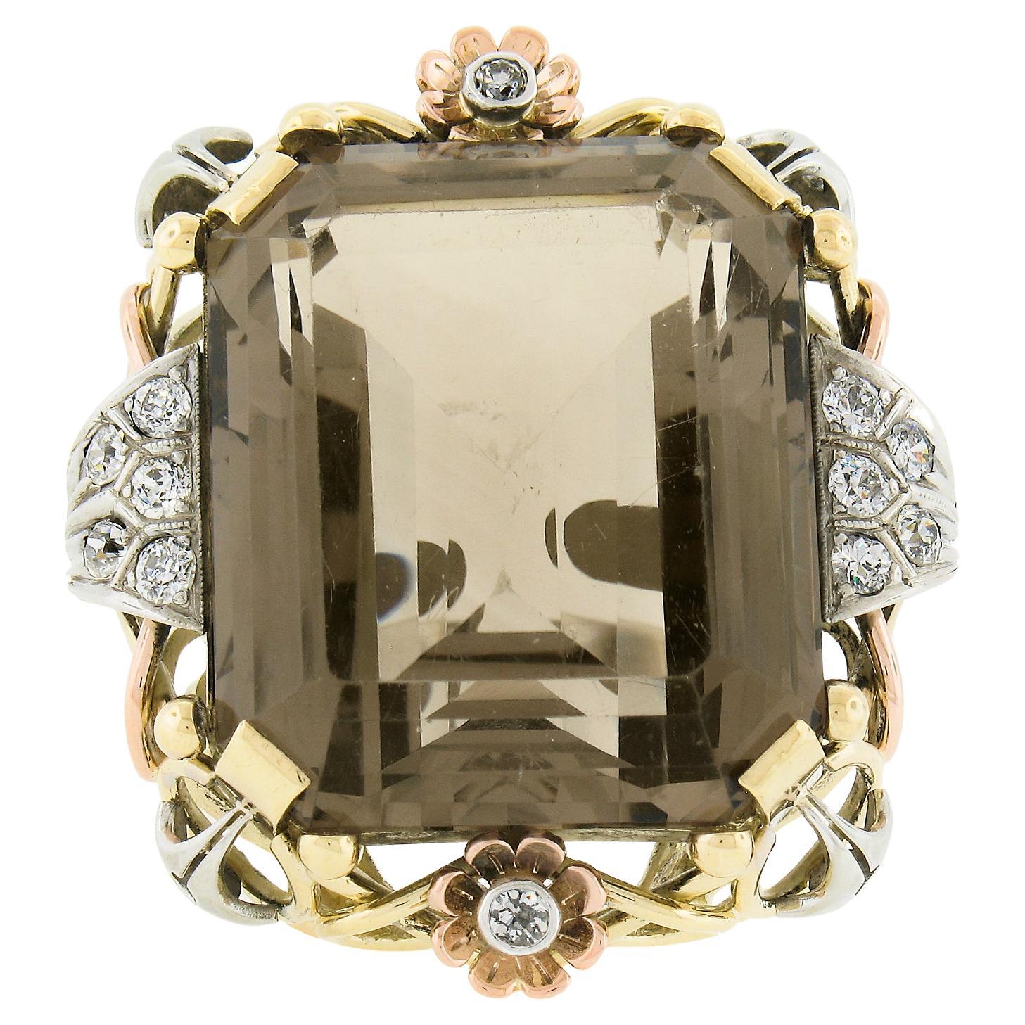Vintage Retro 18k Tri Gold Rauchquarz & 0,60ct Diamant Großer Cocktail-Ring, Retro im Angebot