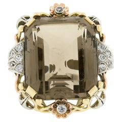 Vintage Retro 18k Tri Gold Smoky Quartz & 0.60ct Diamond Huge Cocktail Ring