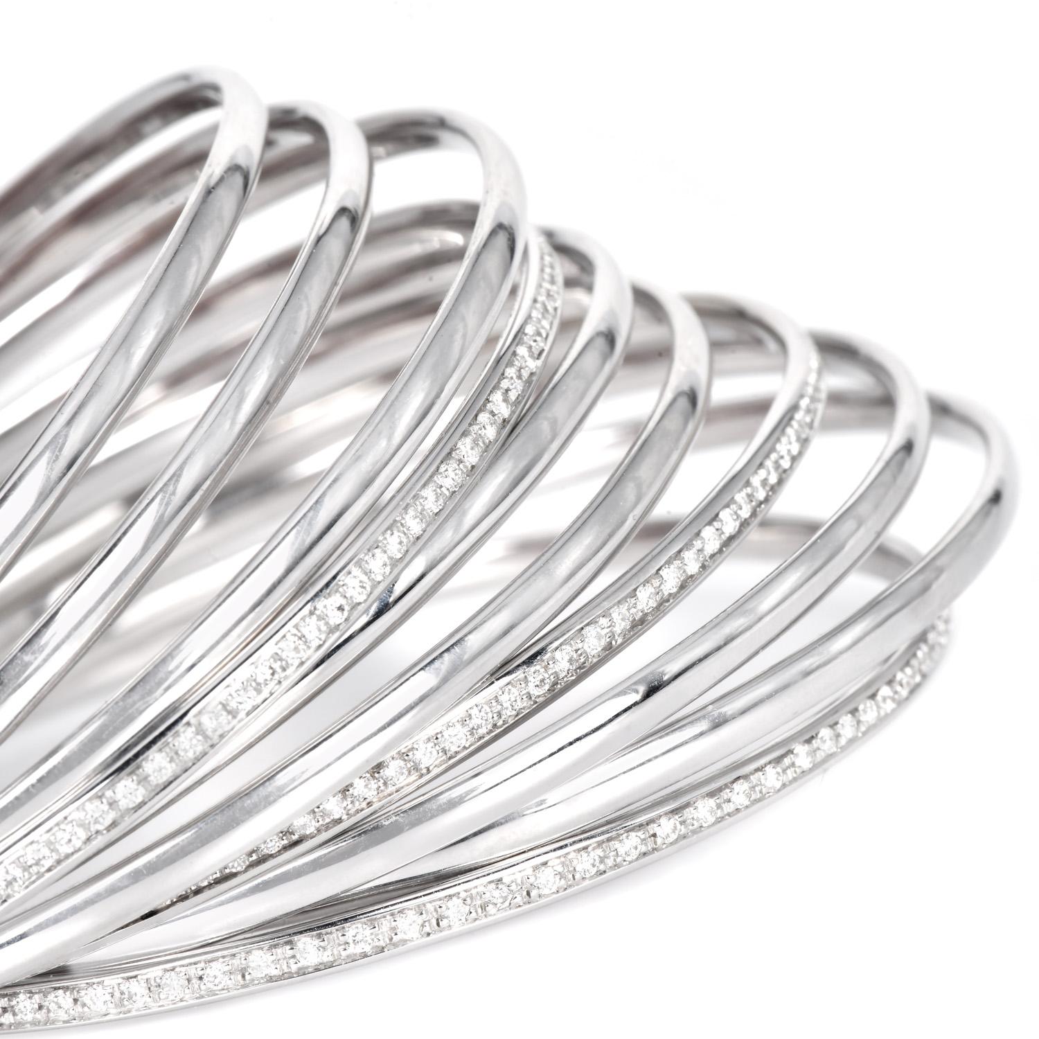 Vintage Retro 18K White Gold 11 Stacking Diamond Bangle Bracelets In Excellent Condition For Sale In Miami, FL