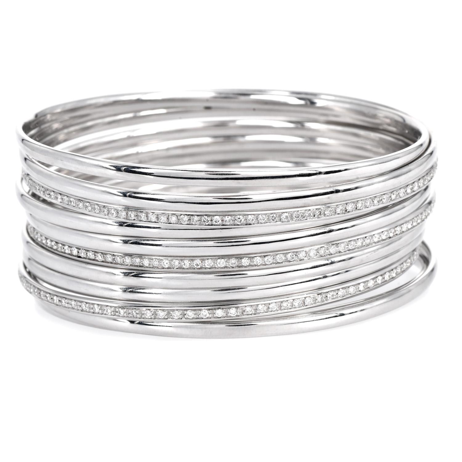 Bracelets jonc vintage empilables 11 diamants en or blanc 18 carats Pour femmes en vente