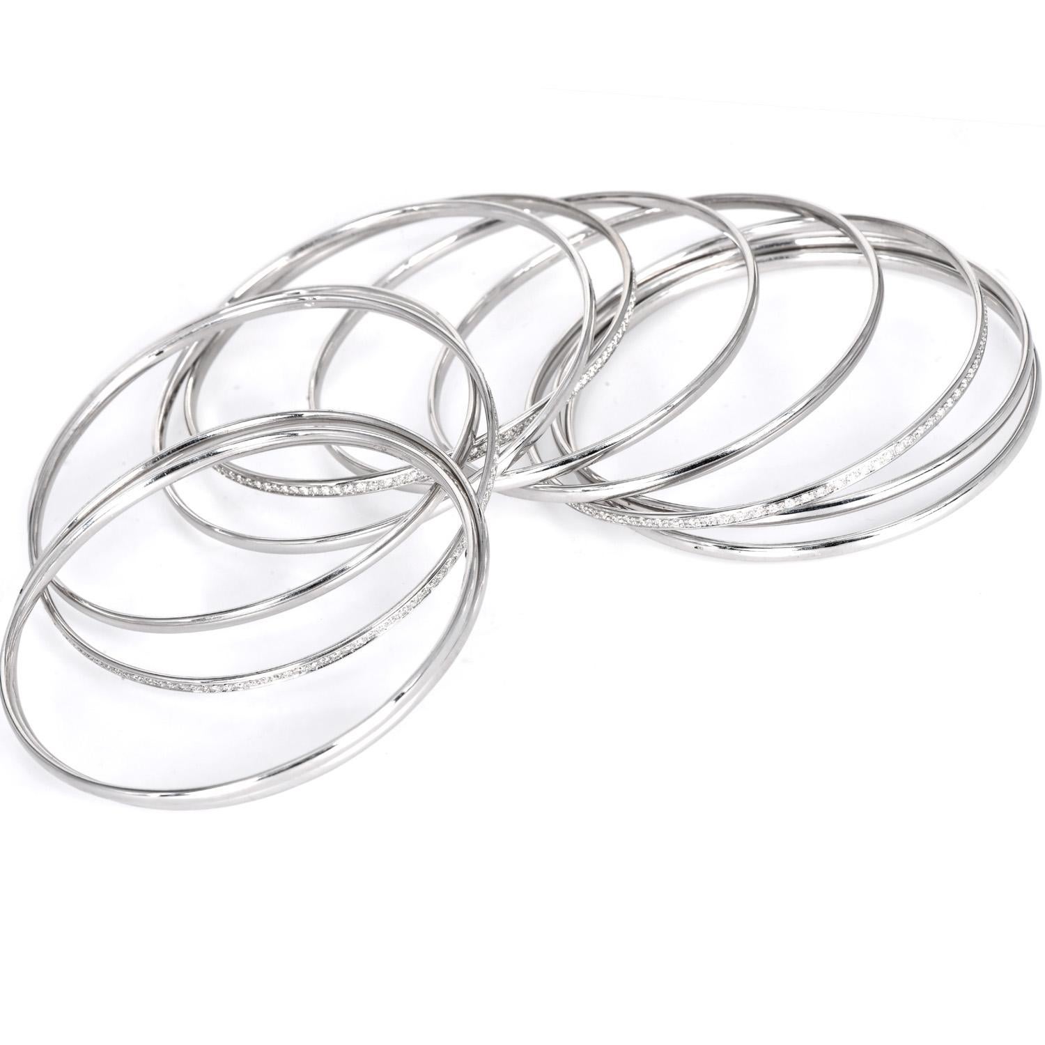 Bracelets jonc vintage empilables 11 diamants en or blanc 18 carats en vente 1