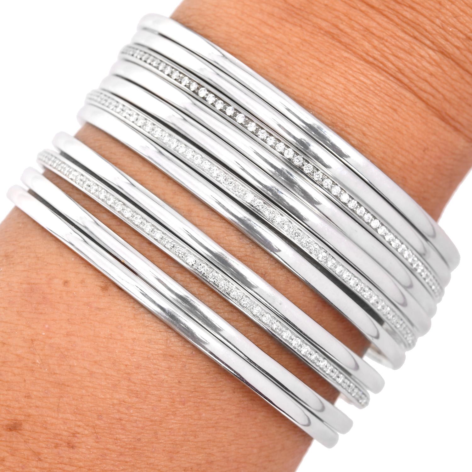 Vintage Retro 18K White Gold 11 Stacking Diamond Bangle Bracelets For Sale 2