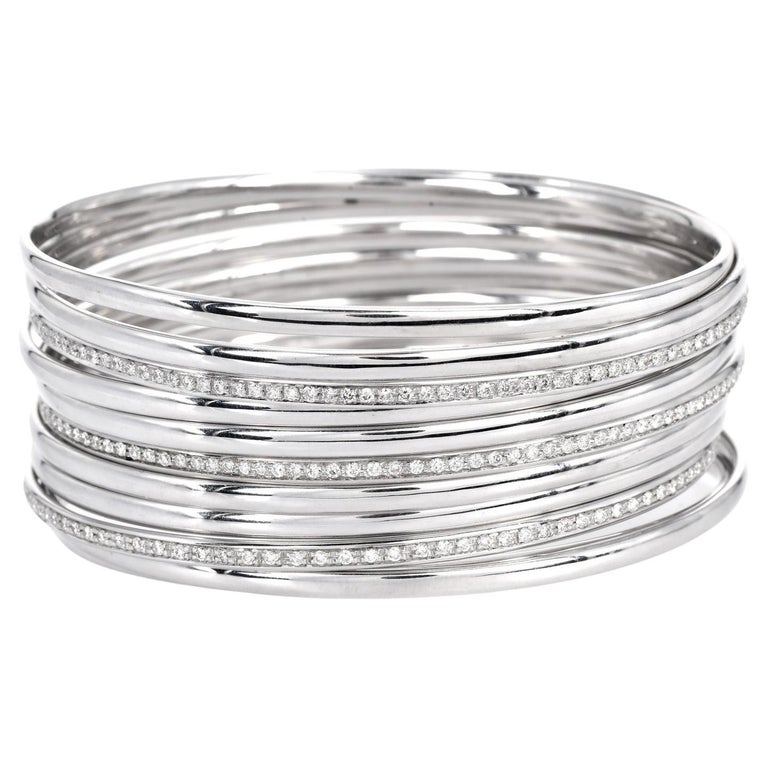 Vintage Retro 18K White Gold 11 Stacking Diamond Bangle Bracelets