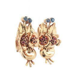 Vintage Retro 18k Yellow Gold 0.80ctw Ruby Sapphire Floral Flower Omega Earrings