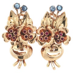Vintage Retro 18k Yellow Gold 0.80ctw Ruby Sapphire Floral Flower Omega Earrings Vintage Retro 18k Yellow Gold 0.80ctw Ruby Sapphire Floral Flower Omega Earrings