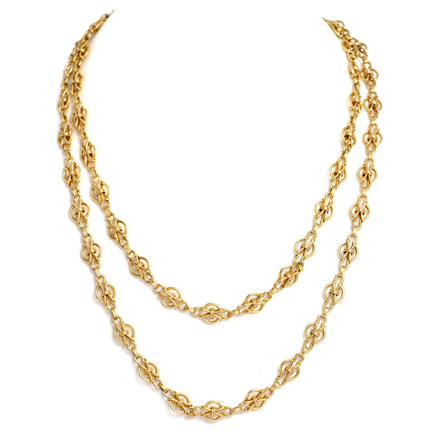 With a Saturated Golden Color thanks to the Patina formation over the years, this fancy vintage link chain necklace is a perfect addition to any collection, 

Weighing 58.8 Grams of pure 18K Yellow Gold Gold.

Fancy Helm-inspired interconnected