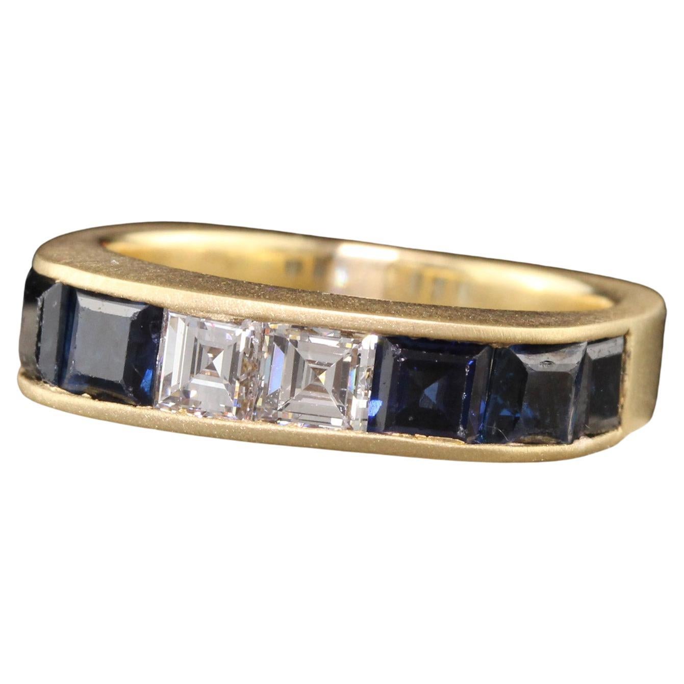 Vintage Retro 18K Yellow Gold Carre Cut Diamond and Sapphire Band For Sale