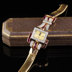 Vintage Retro 18 Karat Yellow Gold Diamond and Ruby Watch