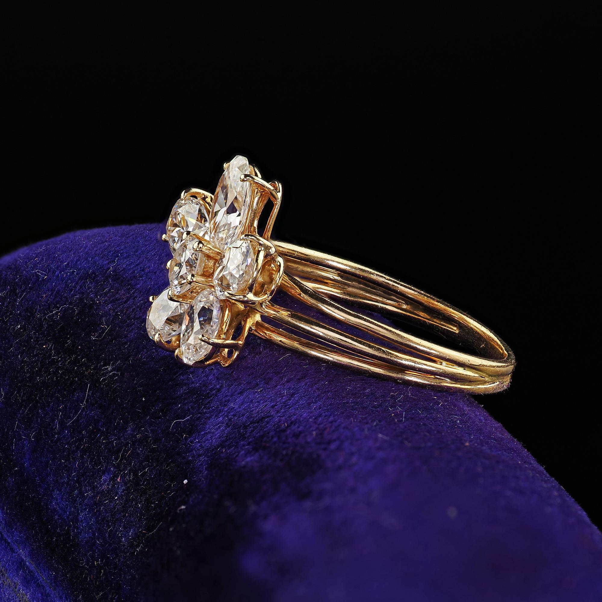 Women's Vintage Retro 18K Yellow Gold Floral Oval Diamond Low Profile Cocktail Ring For Sale