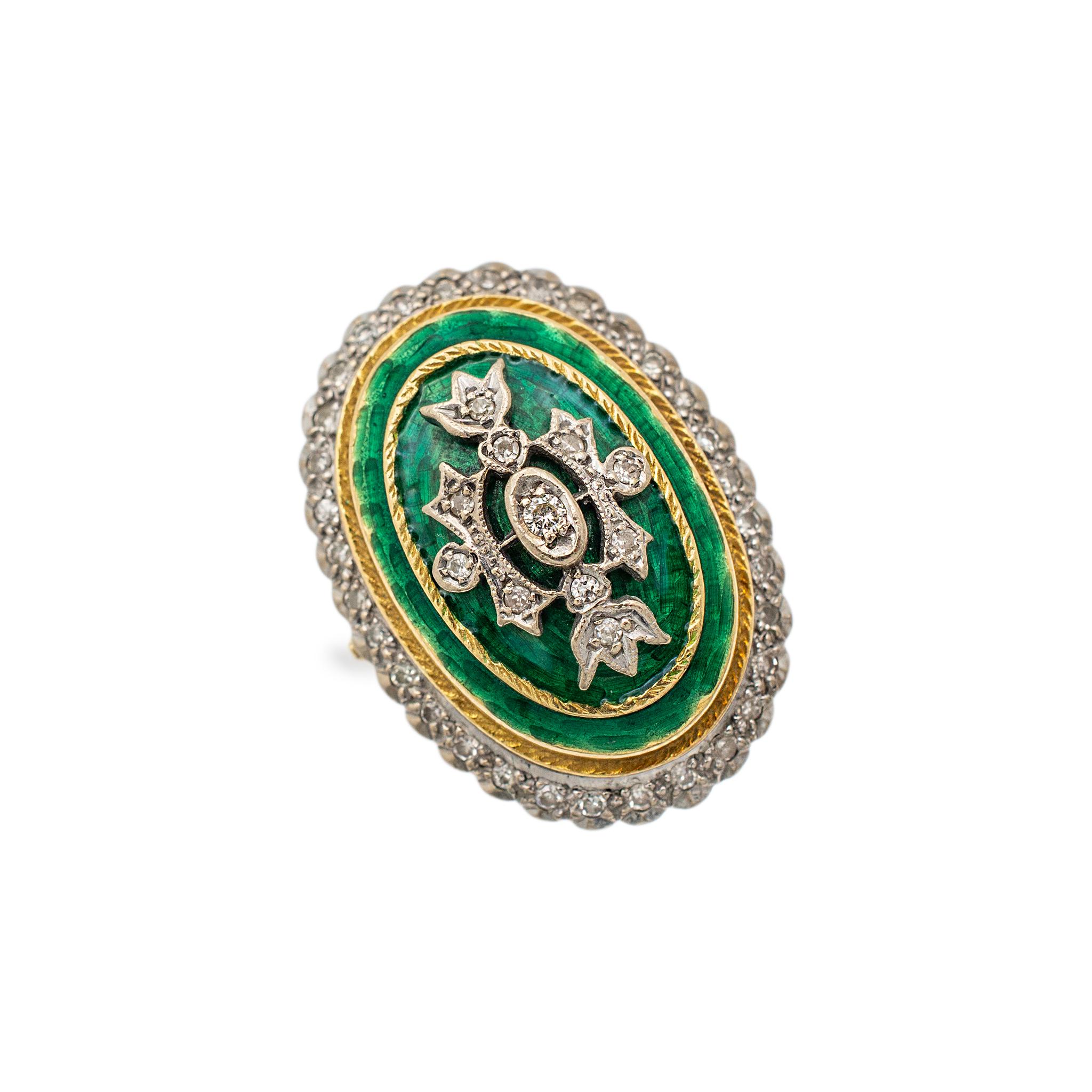 Metall Typ: 18K Gelbgold

Ringgröße: 7

Kopfumfang: 29,50 mm x 21,90 mm

Maximale Breite des Schaftes: 2.35 mm

Gewicht: 20.40 Gramm

18K Gelbgold Diamant Retro (1930-1950) Halo-Cocktailring mit halbrundem Schaft. Das Metall wurde getestet und es