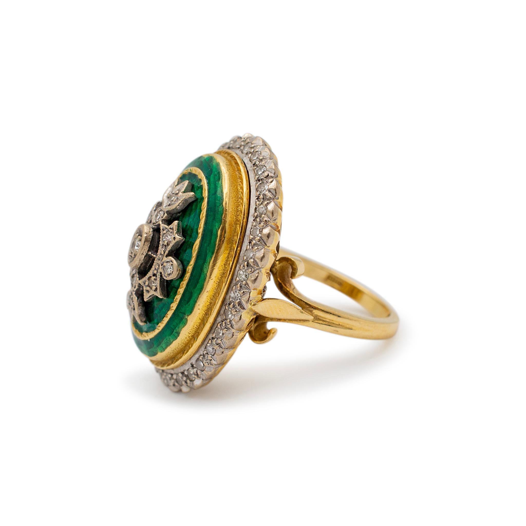 Vintage Retro-Cocktailringe aus 18 Karat Gelbgold mit grüner Emaille und Diamant im Zustand „Hervorragend“ in Houston, TX