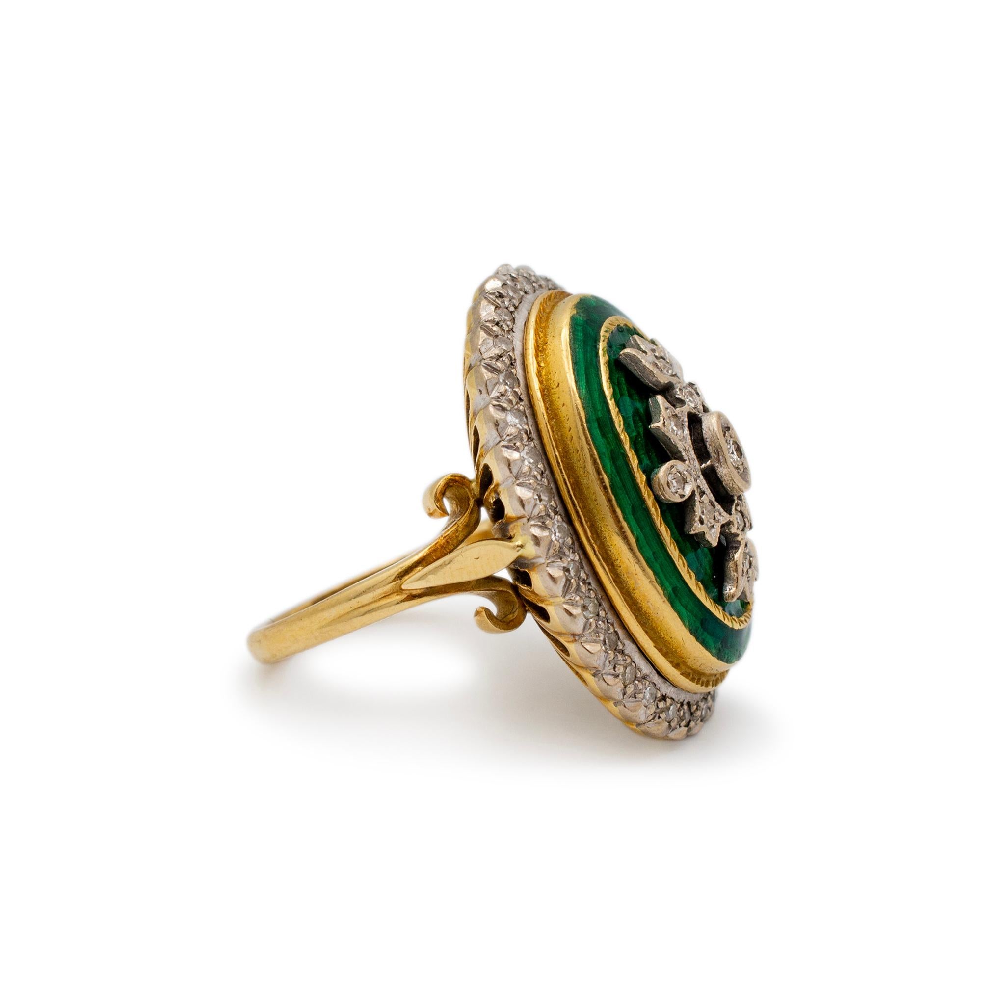Vintage Retro-Cocktailringe aus 18 Karat Gelbgold mit grüner Emaille und Diamant für Damen oder Herren