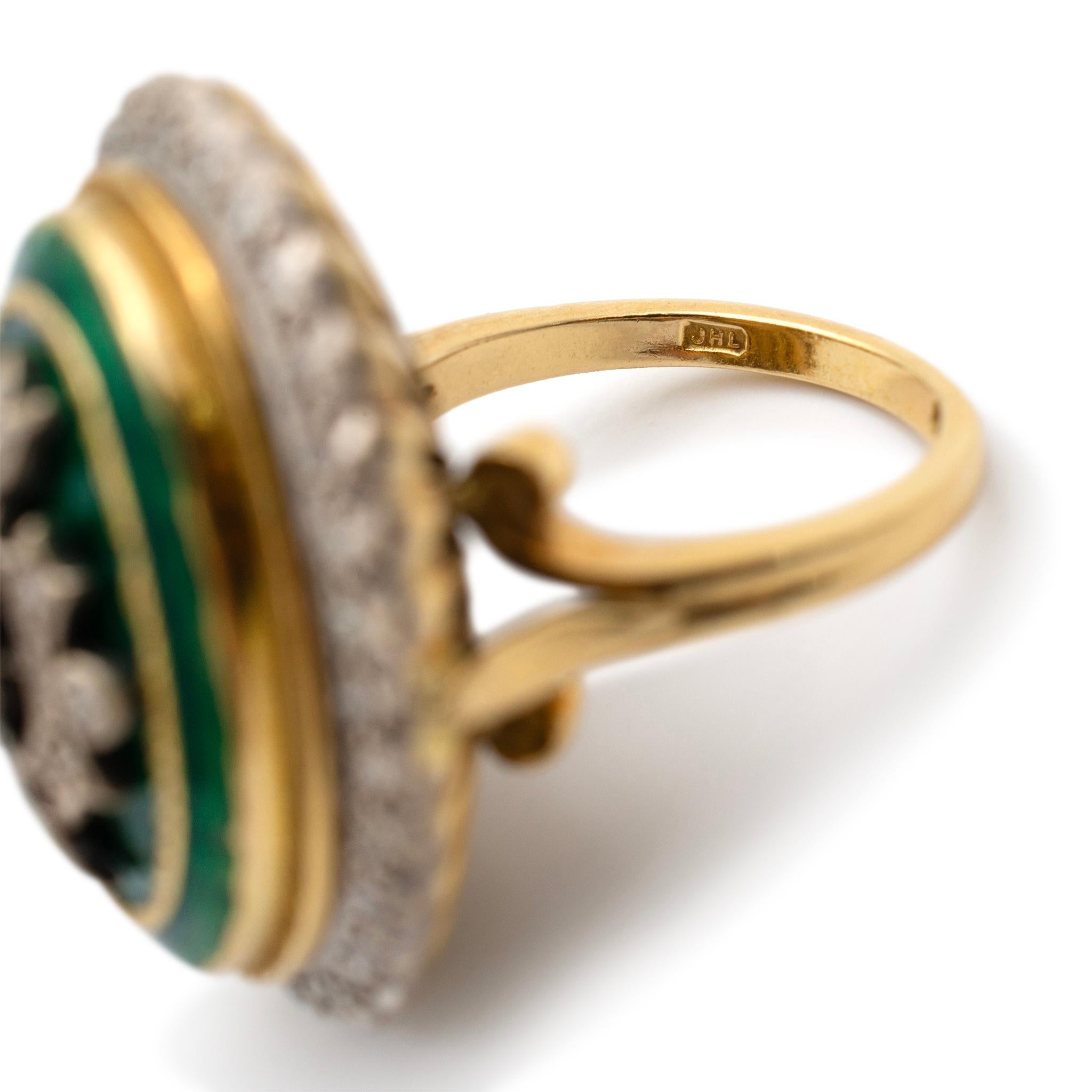 Vintage Retro-Cocktailringe aus 18 Karat Gelbgold mit grüner Emaille und Diamant 1