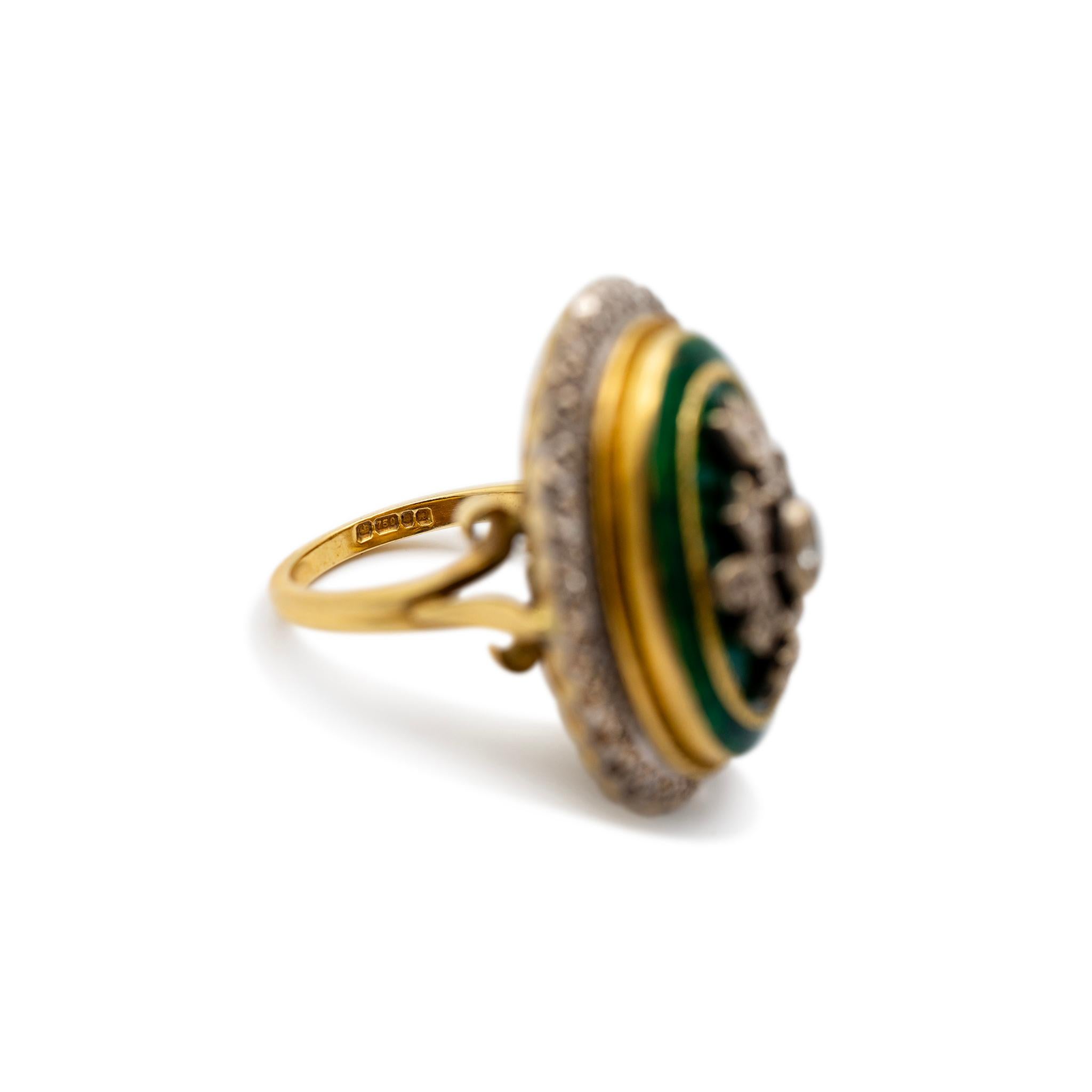 Vintage Retro-Cocktailringe aus 18 Karat Gelbgold mit grüner Emaille und Diamant 2