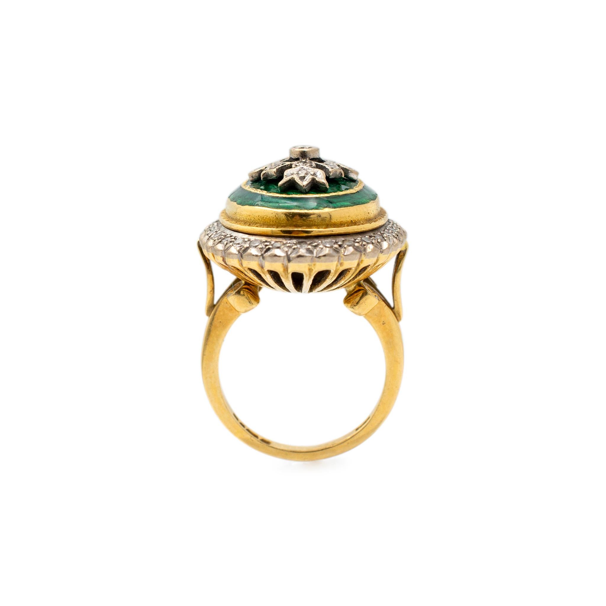 Vintage Retro-Cocktailringe aus 18 Karat Gelbgold mit grüner Emaille und Diamant (Rundschliff)