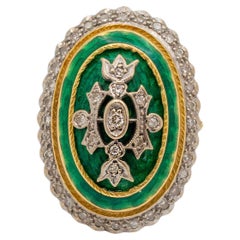 Vintage Retro-Cocktailringe aus 18 Karat Gelbgold mit grüner Emaille und Diamant