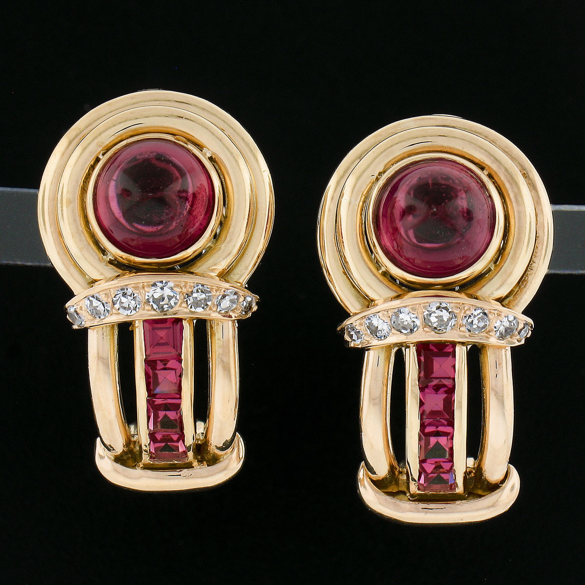 --Stone(s):--
(2) Synthetic Rubies - Round Cabochon Cut - Bezel Set - Vivid Red Color - 6.9mm (approx.)
(8) Synthetic Rubies - Square Step Cut - Channel Set - Vivid Pinkish Red Color 
(14) Natural Genuine Diamonds - Old Single Cut - Pave Set - G-I