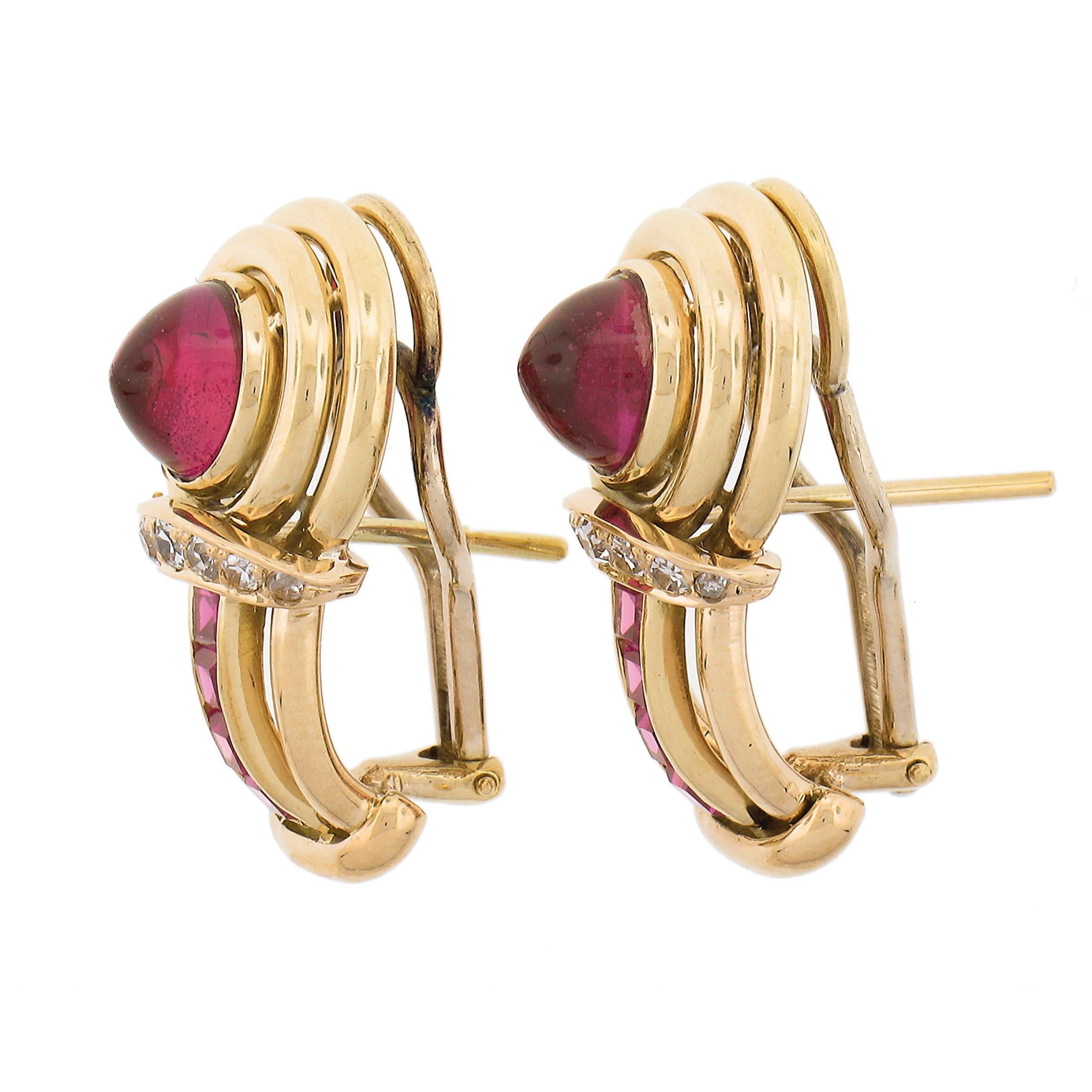 Round Cut Vintage Retro 18k Yellow Gold Lab Created Ruby Pave Diamond Omega Earrings For Sale