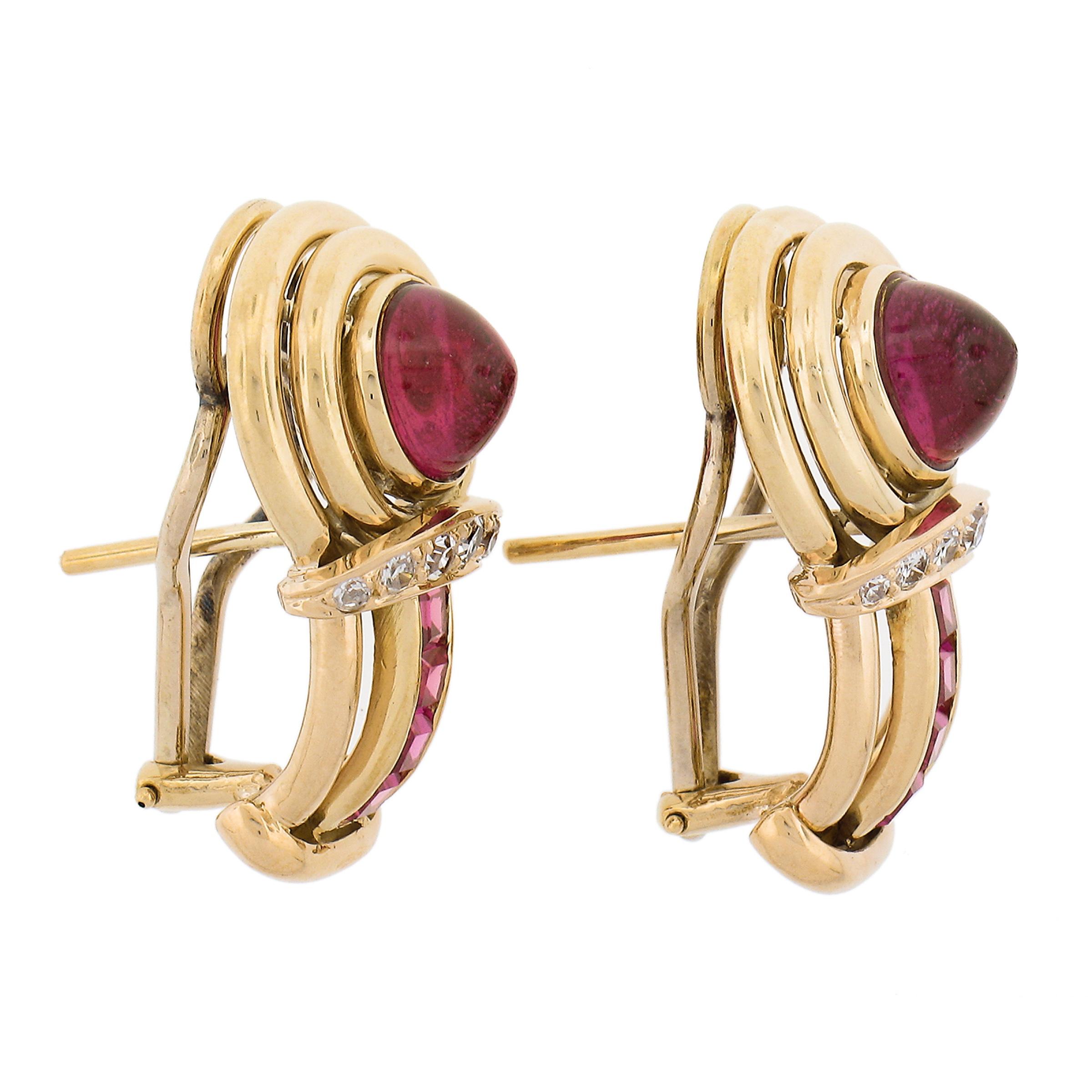 Vintage Retro 18k Yellow Gold Lab Created Ruby Pave Diamond Omega Earrings In Excellent Condition For Sale In Montclair, NJ