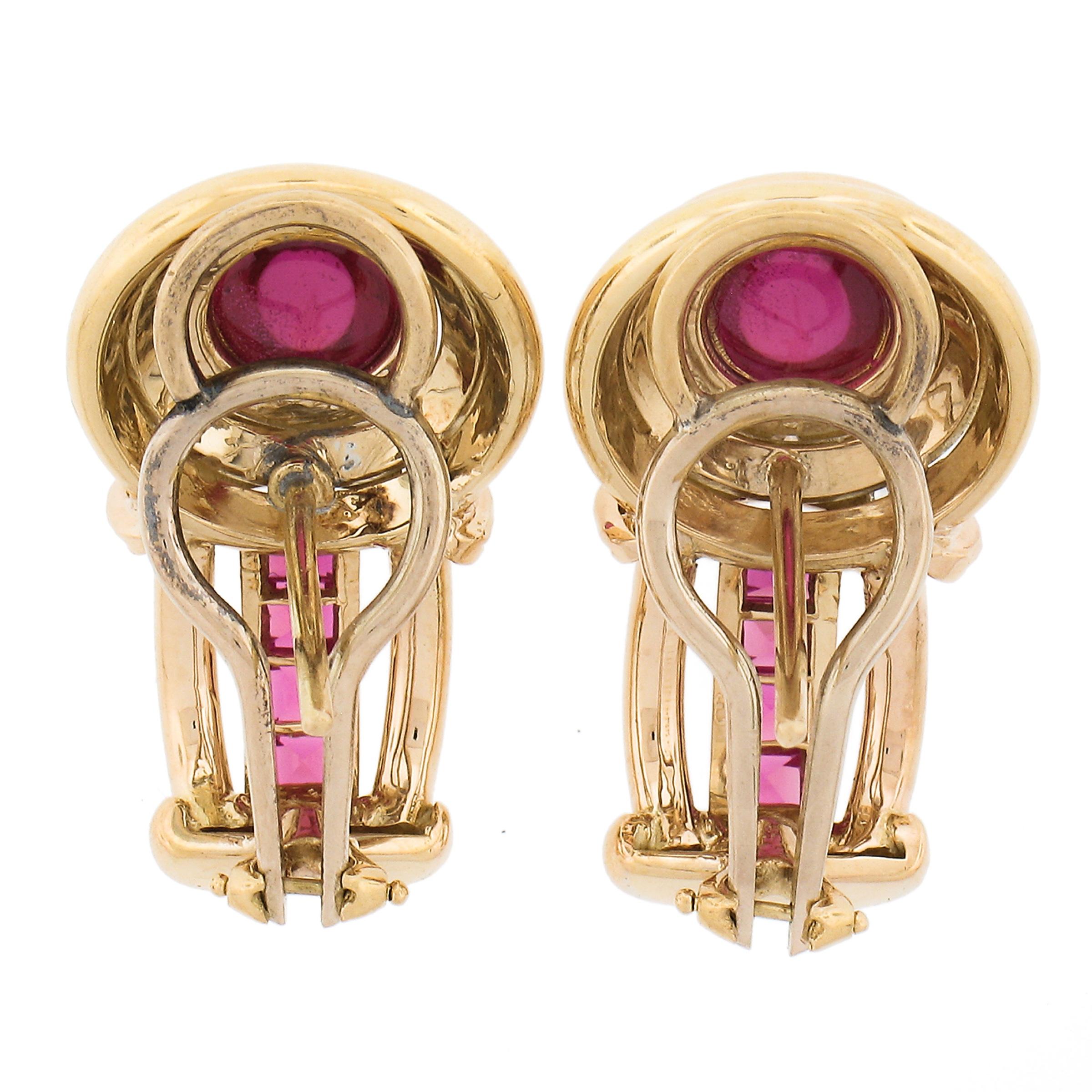 Women's Vintage Retro 18k Yellow Gold Lab Created Ruby Pave Diamond Omega Earrings For Sale