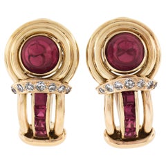 Used Retro 18k Yellow Gold Lab Created Ruby Pave Diamond Omega Earrings