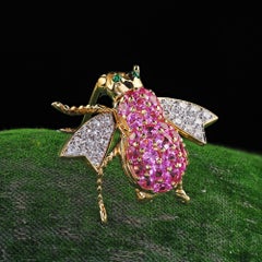 Vintage Retro 18K Yellow Gold Pink Sapphire and Diamond Bee Pin Brooch