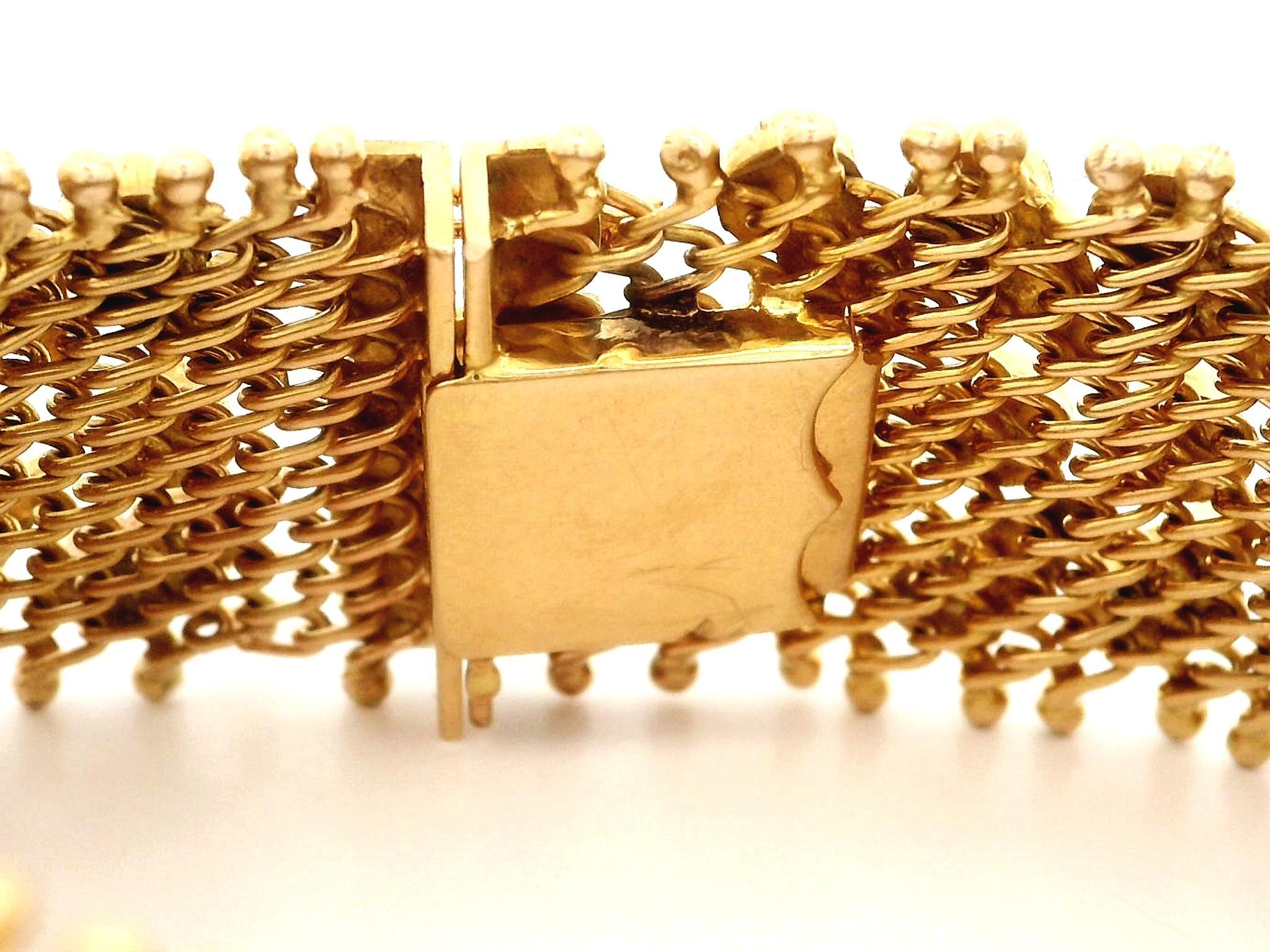 Women's Vintage Retro 18k Yellow Gold Repousse Flower Work Wide Strap Bracelet For Sale