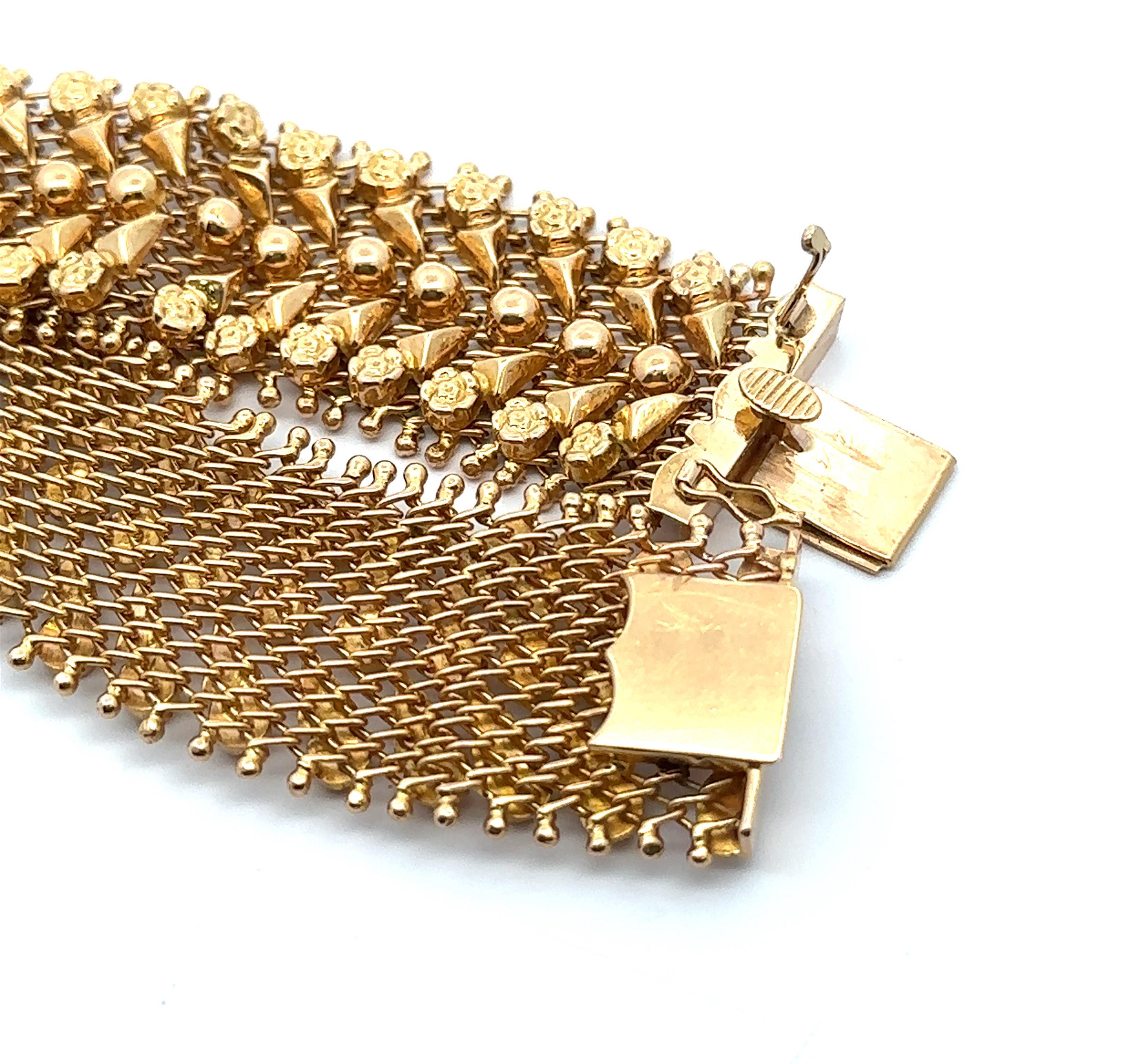Vintage Retro 18k Yellow Gold Repousse Flower Work Wide Strap Bracelet For Sale 1