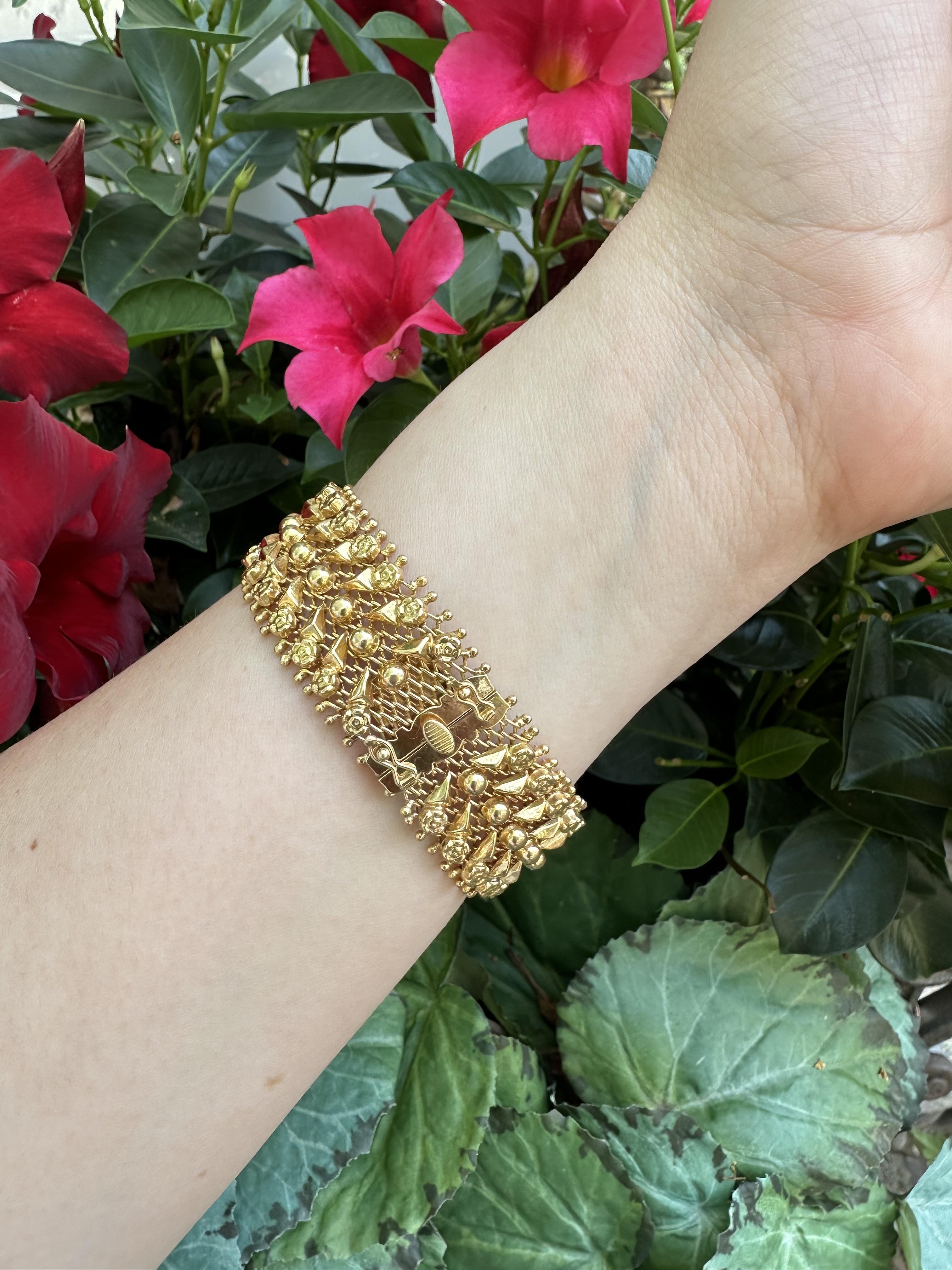 Vintage Retro 18k Yellow Gold Repousse Flower Work Wide Strap Bracelet For Sale 2