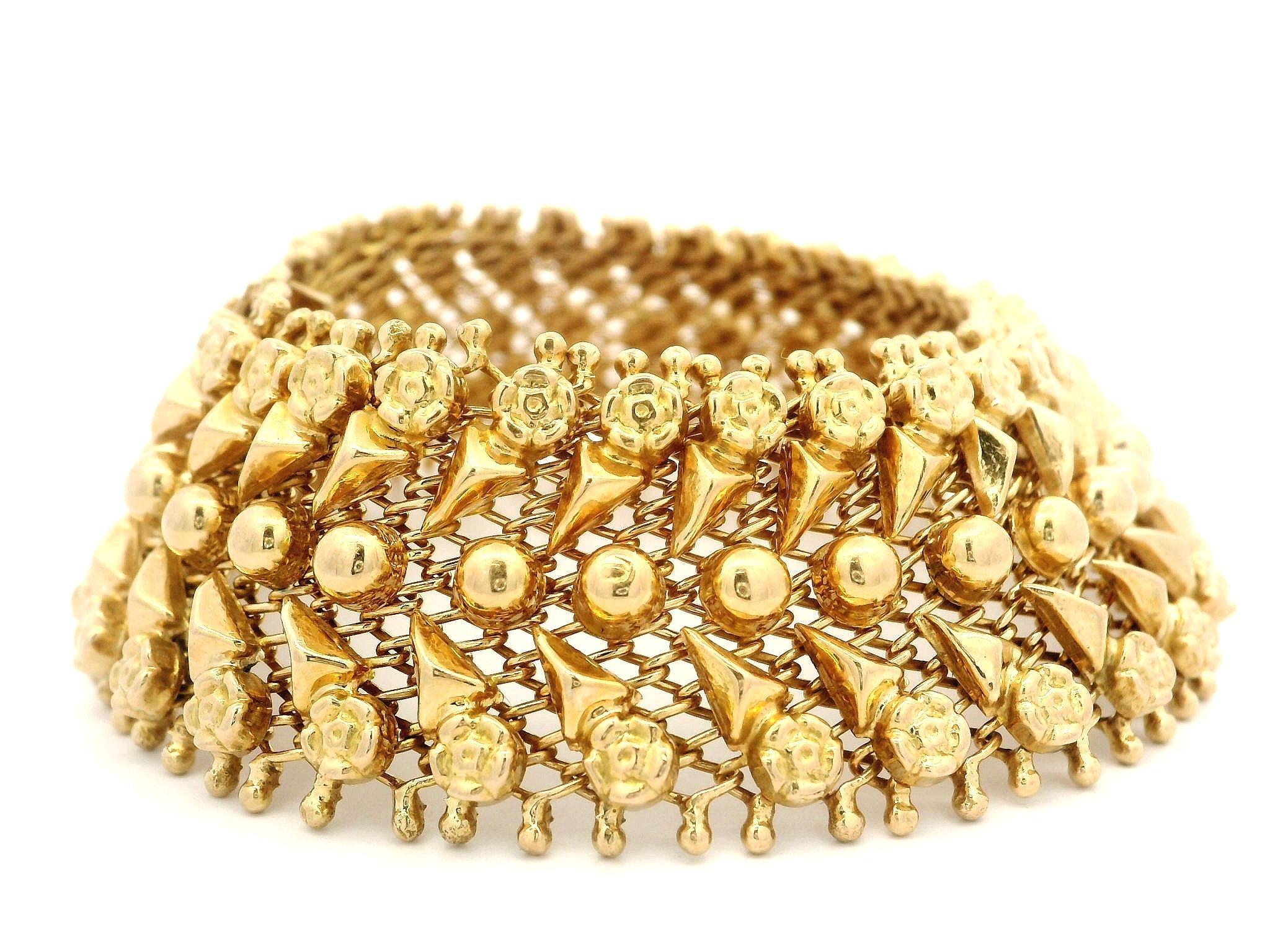 Vintage Retro 18k Yellow Gold Repousse Flower Work Wide Strap Bracelet For Sale 3