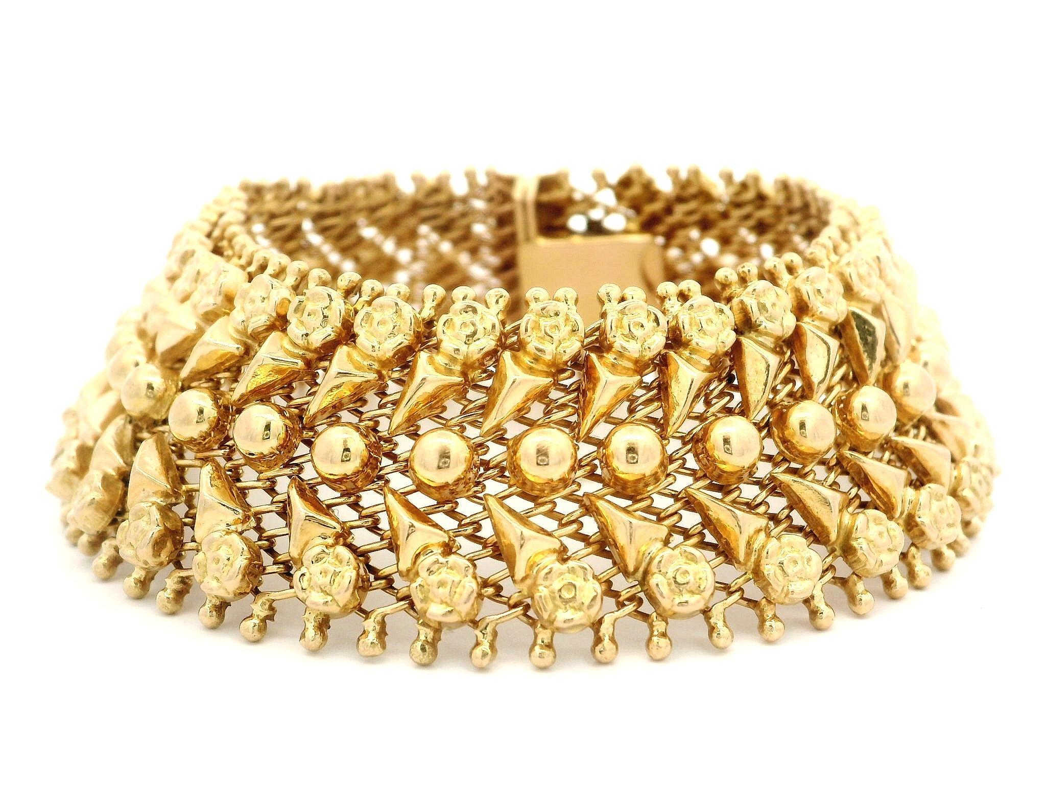 Vintage Retro 18k Yellow Gold Repousse Flower Work Wide Strap Bracelet For Sale 4