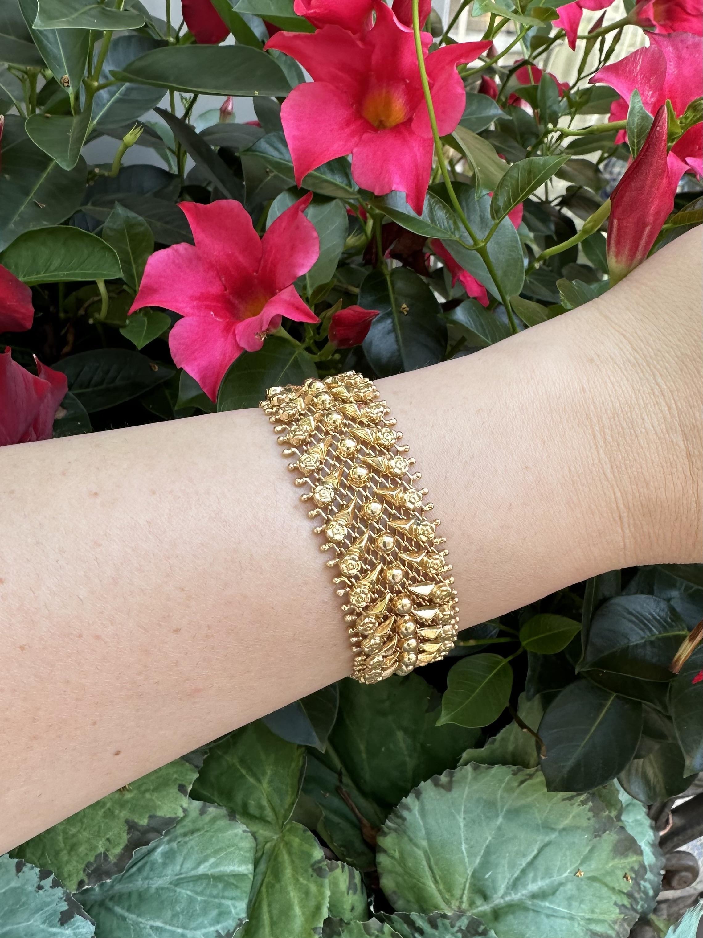 Vintage Retro 18k Yellow Gold Repousse Flower Work Wide Strap Bracelet For Sale 5