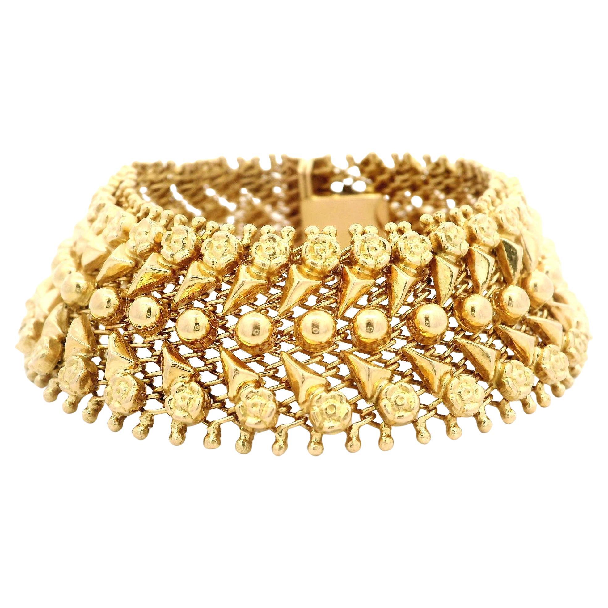 Vintage Retro 18k Yellow Gold Repousse Flower Work Wide Strap Bracelet For Sale