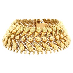 Vintage Retro 18k Yellow Gold Repousse Flower Work Wide Strap Bracelet