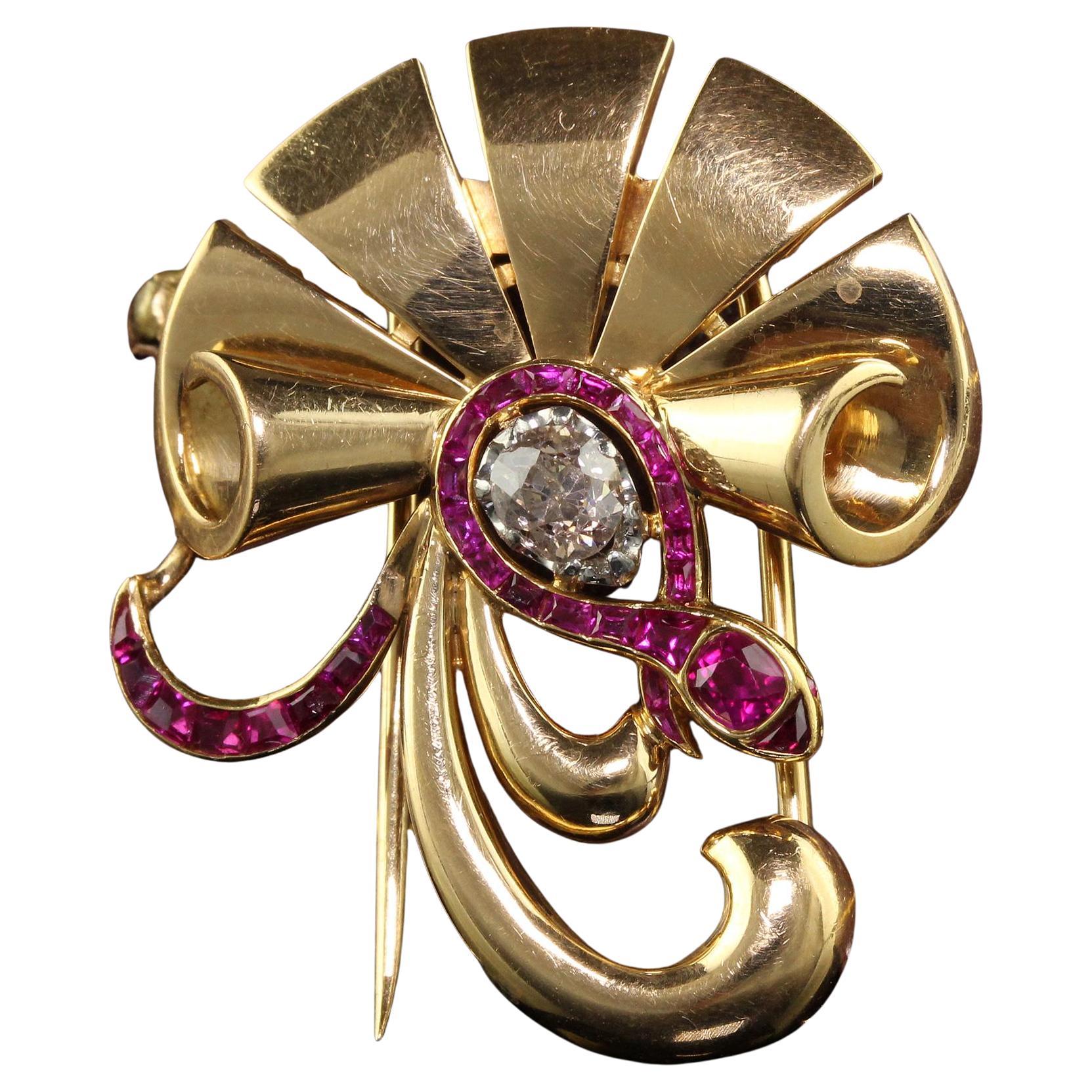 Vintage Retro 18K Yellow Gold Ruby and Old Mine Diamond Snake Pin
