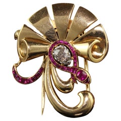 Vintage Retro 18K Yellow Gold Ruby and Old Mine Diamond Snake Pin