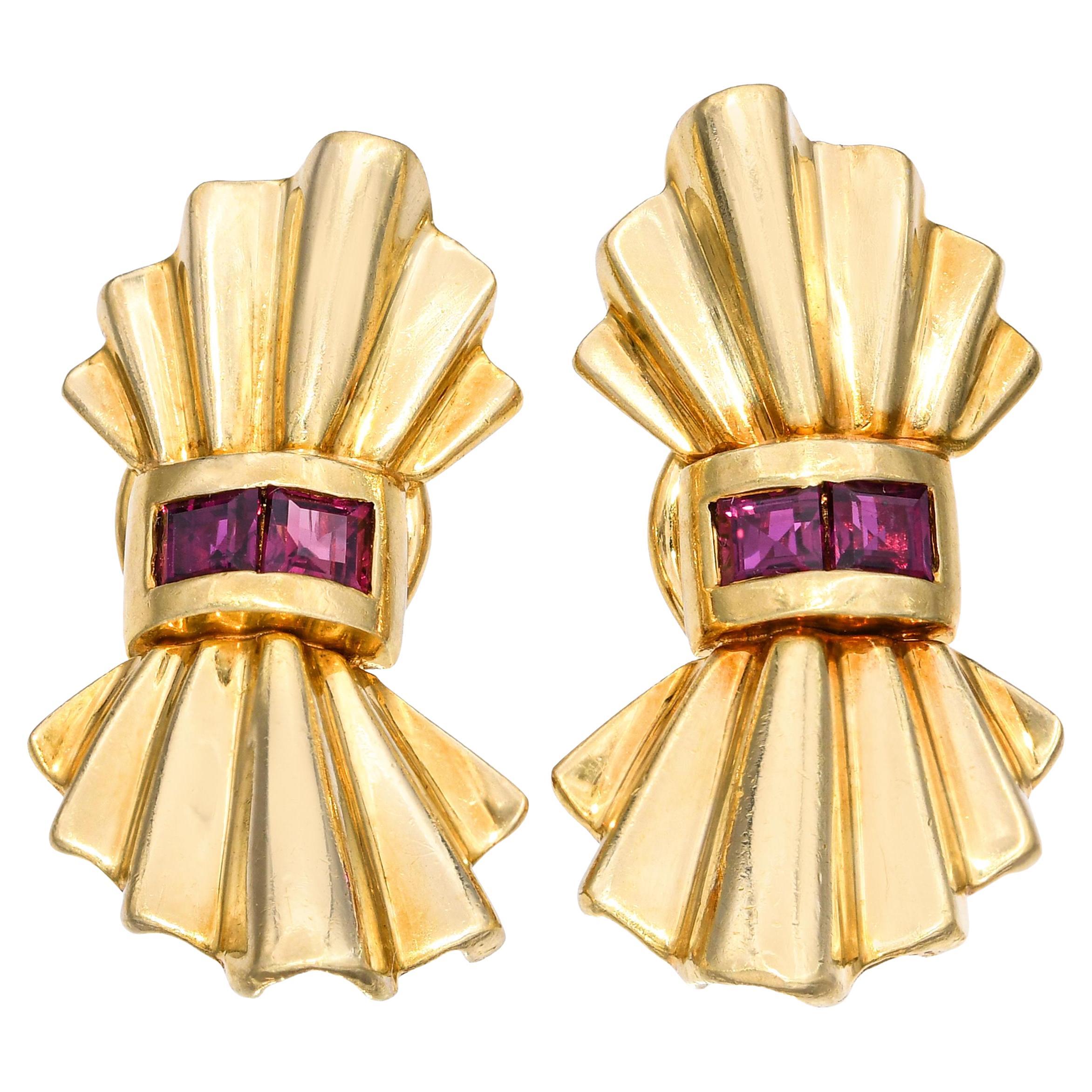 Orecchini a clip con fiocco di rubino in oro giallo 18k Vintage Retro