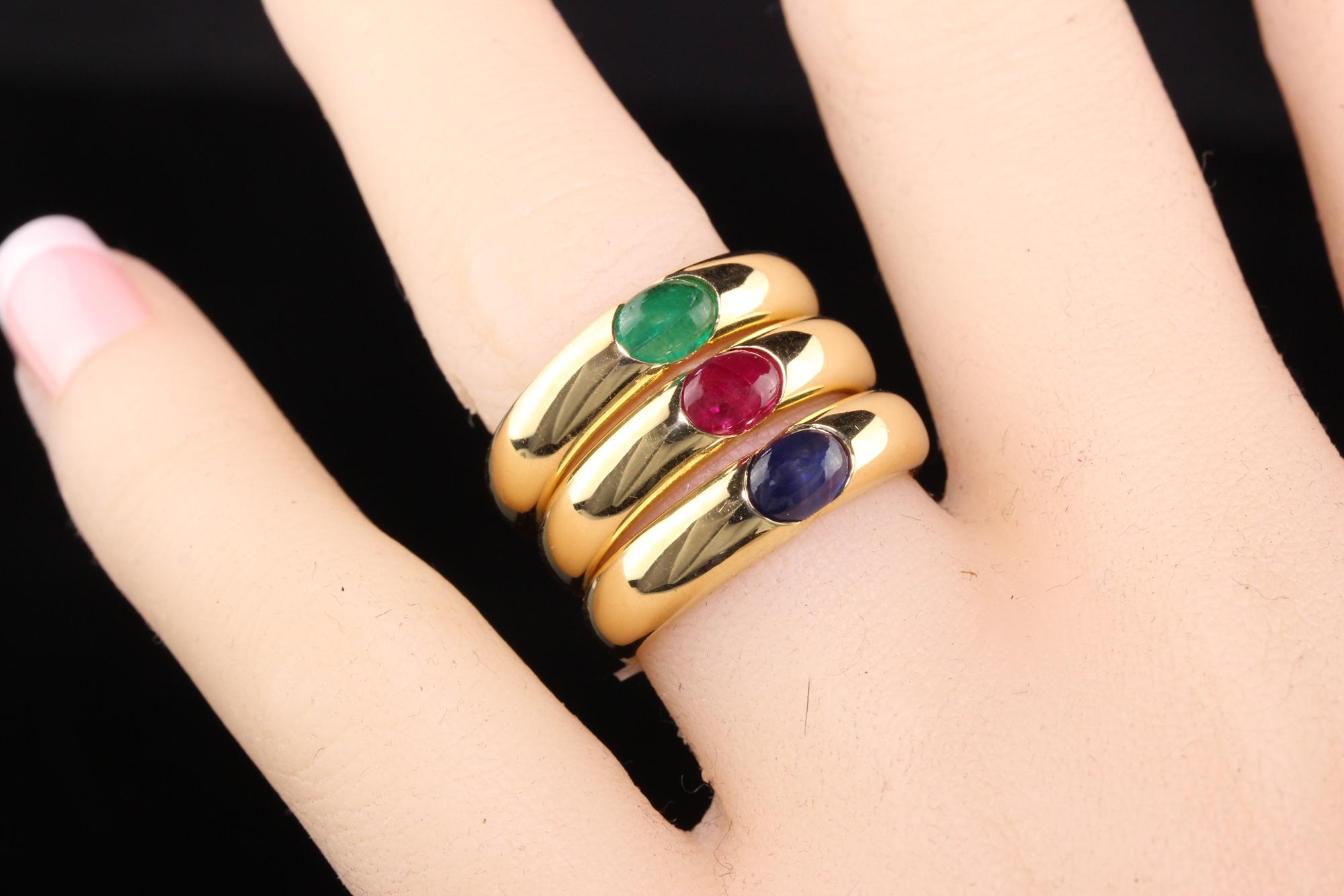 Gypsy-Ring-Set, Retro, 18 Karat Gelbgold, Rubin, Smaragd, Saphir Damen