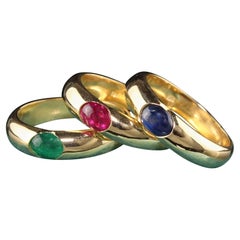 Vintage Retro 18K Yellow Gold Ruby Emerald Sapphire Gypsy Ring Set