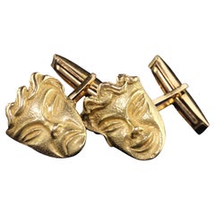 Vintage Retro 18K Yellow Gold Thalia and Melpomene Cinema Masks Cufflinks