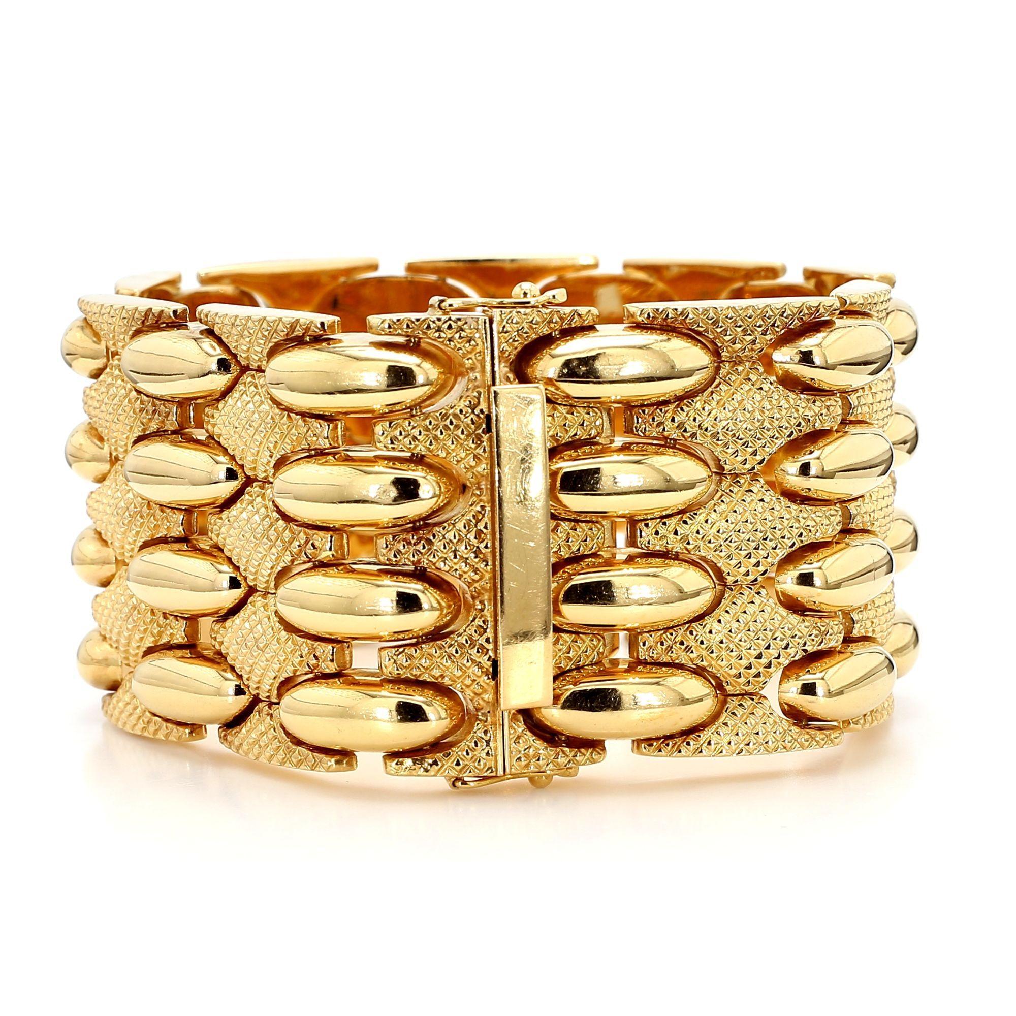 Vintage Retro 18K Yellow Gold Wide Multi-Link Bracelet For Sale 2