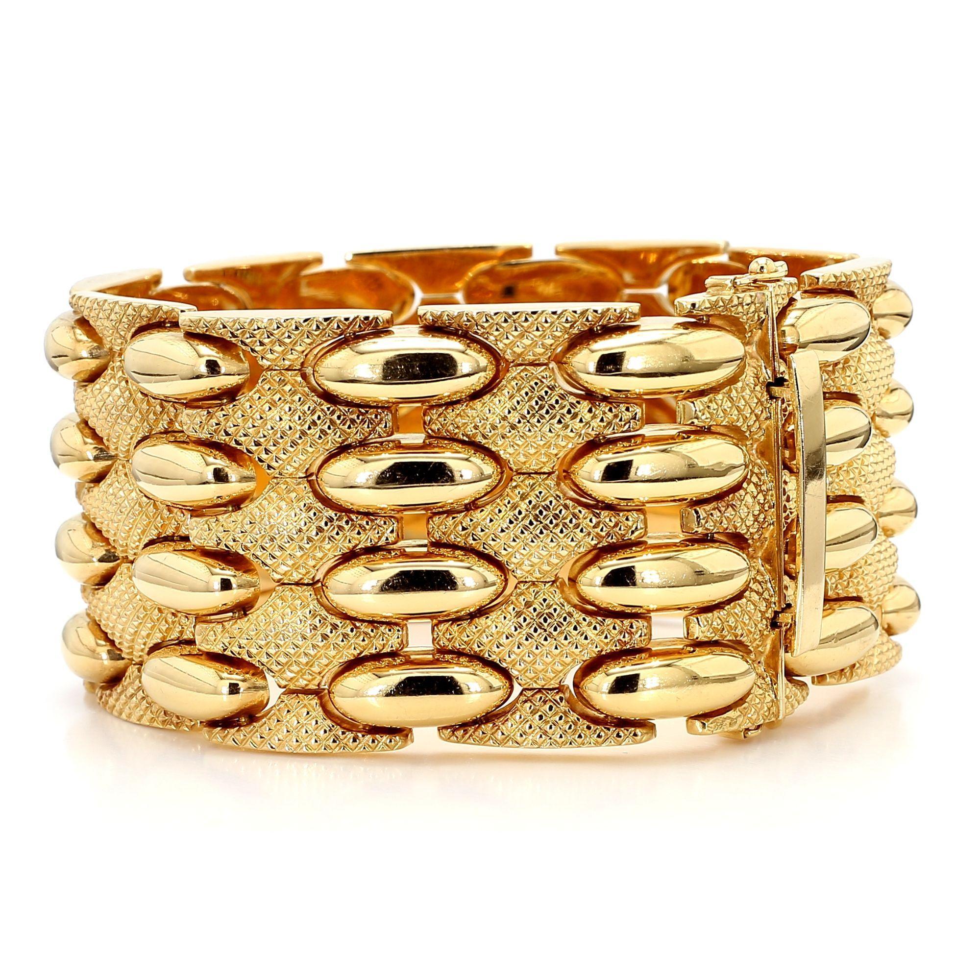 Vintage Retro 18K Yellow Gold Wide Multi-Link Bracelet For Sale 3