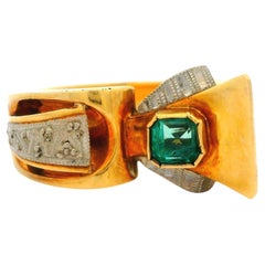 Vintage Retro 18k Yellow 
White Gold Emerald Cocktail Statement Ring
