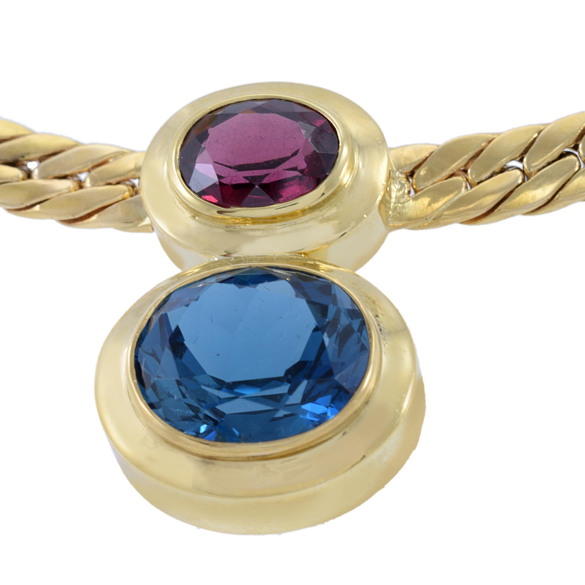 Modernist Vintage Retro 18KT Yellow Gold Blue Topaz And Garnet Drop Necklace For Sale