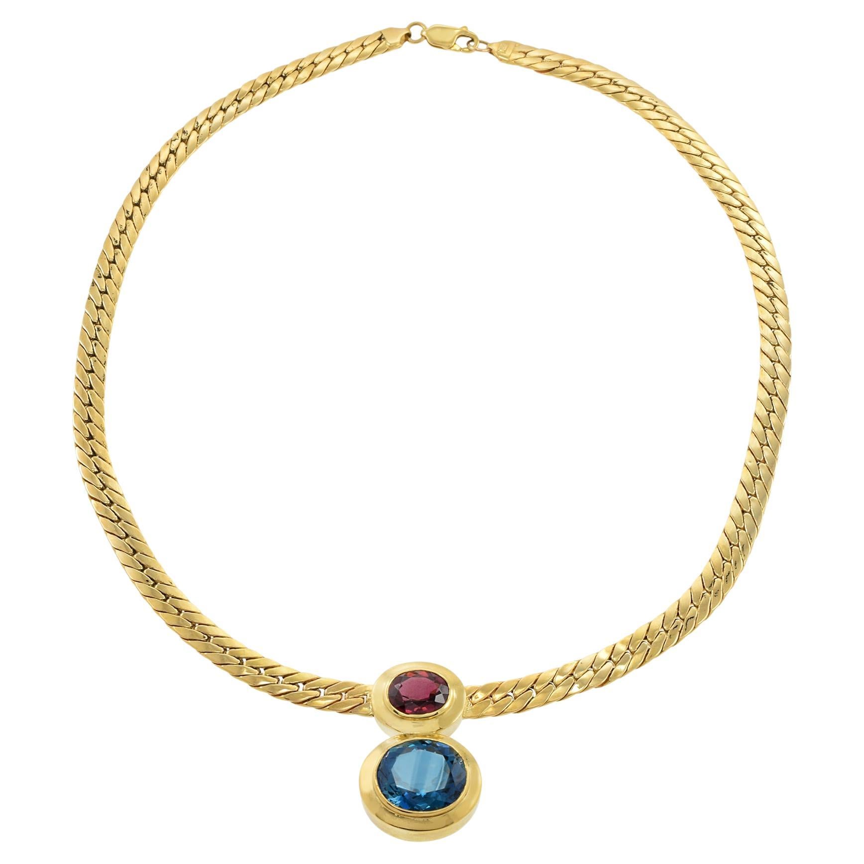 Vintage Retro 18KT Yellow Gold Blue Topaz And Garnet Drop Necklace