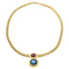 Vintage Retro 18KT Yellow Gold Blue Topaz And Garnet Drop Necklace