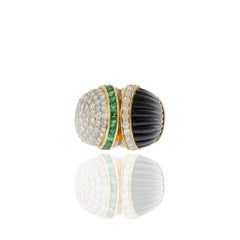 Vintage Retro 18KT Yellow Gold Dome Ring with Onyx, Emeralds & Diamonds