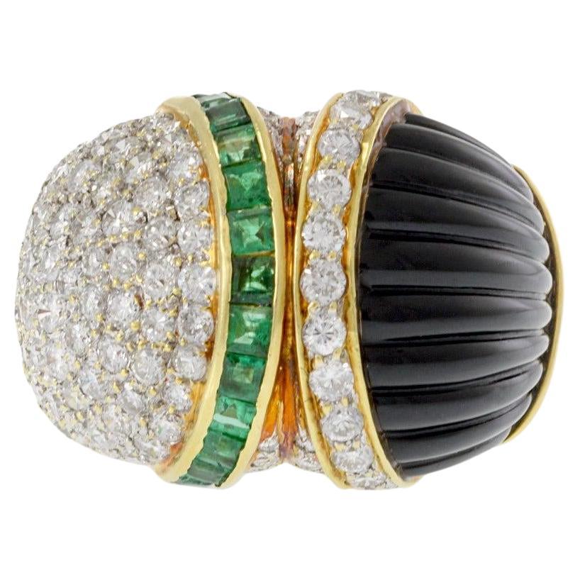 Vintage Retro 18KT Yellow Gold Dome Ring with Onyx, Emeralds 
Diamonds For Sale